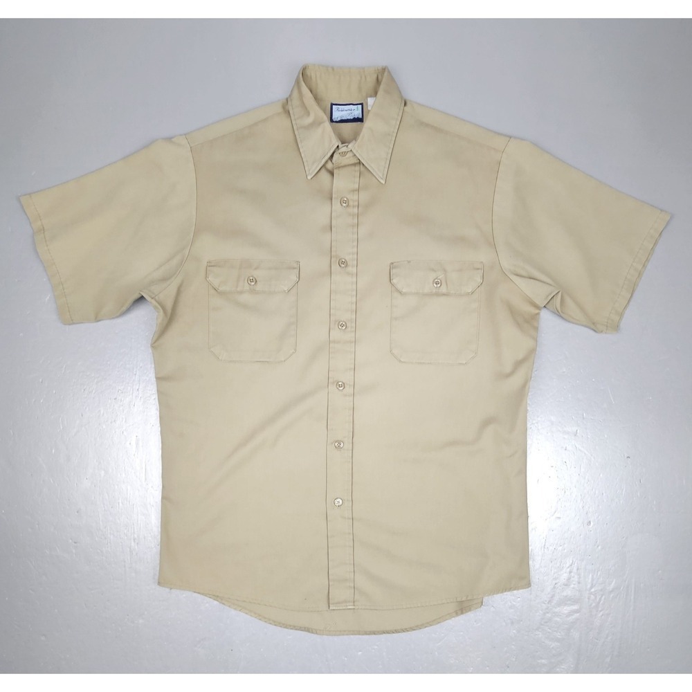 Vintage 70's Sears Perma-Prest Button Up Shirt Mens Large Tan Made in‎ USA